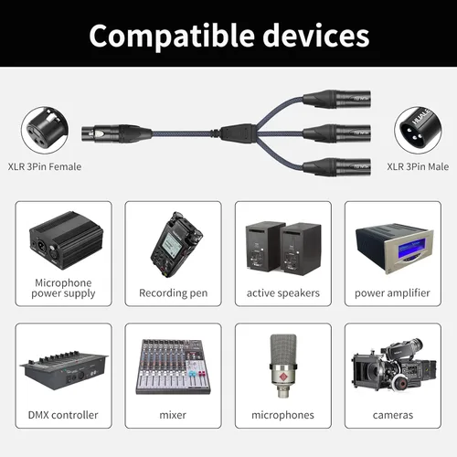 Vista 2 de Cable divisor en Y de 3 pines XLR hembra a 3 machos, cable divisor XLR de 3 vías, equilibrio de 1 hembra a 3 macho, cable de audio para micrófono