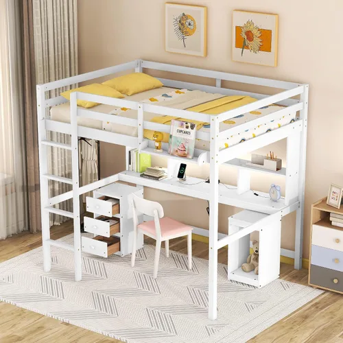 Vista 16 de Cama loft multifuncional de tamaño individual con 8 estantes de almacenamiento abiertos y escalera integrada, marco de cama de almacenamiento