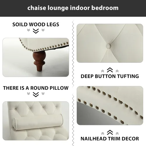 Vista 5 de Tumbona con botones para interiores, tumbona de terciopelo con patas y almohada, respaldo enrollado sin brazos, sofá reclinable para sala de estar