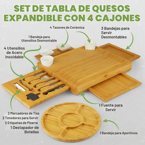 Vista 2 de Dynamic Gear Tabla de charcutería con cajones extraíbles, juego de tablas de queso de bambú expandible con utensilios, cuencos, bandejas