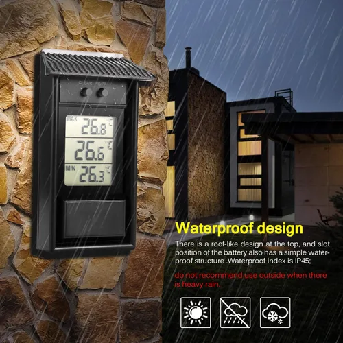 Vista 3 de Min Max - Termómetro digital con pantalla LCD, grabación de temperatura máxima y mínima para invernadero de jardín, accesorios con gancho para Negro