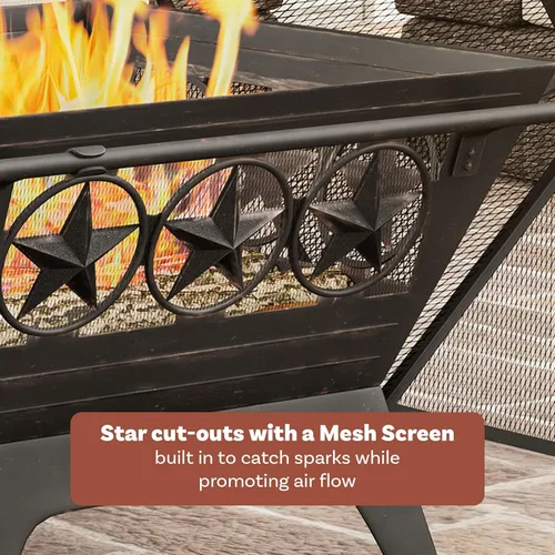 Vista 5 de Chimenea para exterior de 32 pulgadas cuadrada con forma de estrella para quemar madera, con pantalla de chispas, atizador, rejilla y cubierta