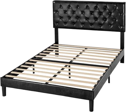 Vista 8 de SHA CERLIN Base de cama de plataforma tamaño Queen con cabecera capitoné con botones, base de colchón tapizada de piel sintética, soporte de Negro