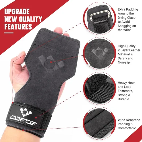 Vista 2 de COFOF - Correa de muñeca para levantamiento de pesas, correa de muñeca de doble capa de cuero para peso muerto y levantamiento de potencia, ganchos