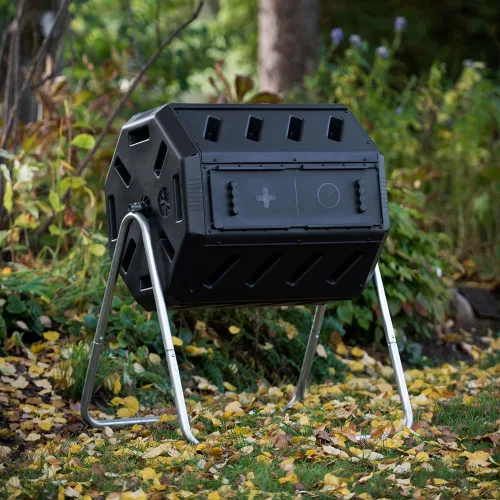 Vista 6 de FCMP Outdoor IM4000 Compostador giratorio de doble cámara para exteriores, fabricado en Canadá, 100% resina reciclada - Cubo giratorio de compostaje