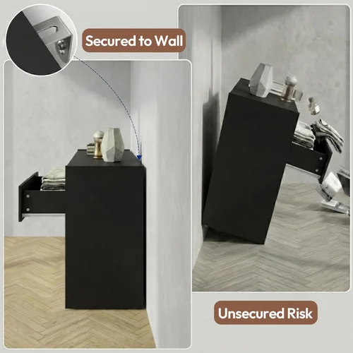 Vista 8 de Cómoda negra de 47 pulgadas para dormitorio, cómoda moderna de madera larga con 6 cajones, cómoda de madera resistente con kit antipuntas, gabinete