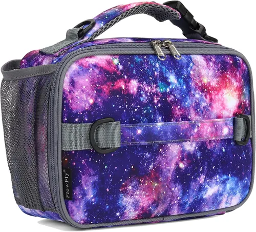 Vista 9 de FlowFly - Lonchera infantil, bolsa escolar aislada duradera con correa de hombro y soporte para botellas, minihielera térmica resistente al agua