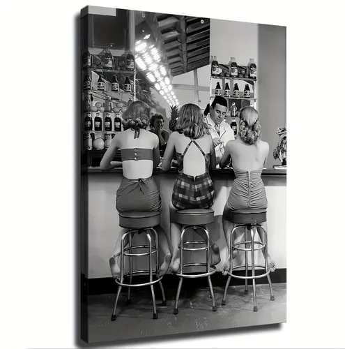 Women Drinking At Bar Wall Art, Black and White Print, Three Friends Vintage Poster, Alcohol Art, Bar Cart Print, Retro Wall Decor (08x12inch Frame)