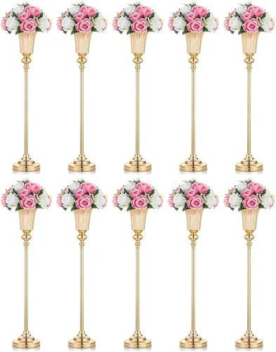 Vista 12 de NUPTIO Jarrón de centro de mesa alto dorado: 2 piezas de 30.5 "Soporte de flores de boda para mesa jarrón de trompeta de metal para decoraciones