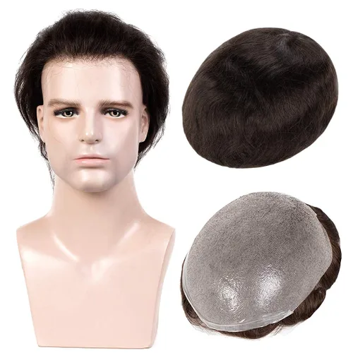Vista 5 de Toupee para hombres 100% cabello humano real para hombre, piezas de cabello de 0.002 in con bucle en V, suave, súper delgada, con sistema de #1B30