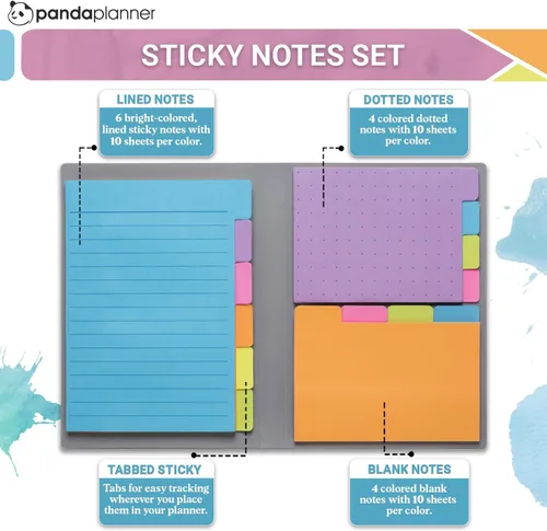 Vista 2 de Panda Planner Juego de notas adhesivas – 140 colores surtidos de primavera con pestañas, punteadas, rayadas y notas en blanco – Pestañas adhesivas