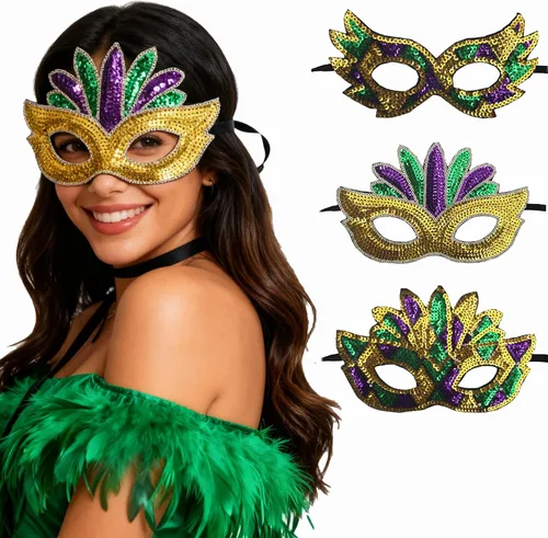 Mardi-Gras-Mask-for-Men-Women 3 Pcs Sequin Masks Masquerade Cosplay Party