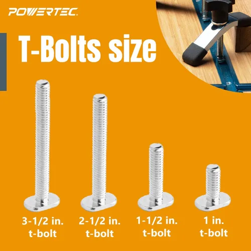 Vista 3 de POWERTEC 71121V Kit de perilla de pista en T con perillas roscadas y pernos de riel en T de 5/16"-18, juego de 16 piezas, accesorios de riel en T