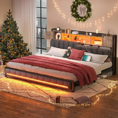 Vista 7 de CSZZD Base de cama Queen con 4 cajones de almacenamiento y cabecera de estantería, marco de cama LED tapizado Queen con estación de carga tipo C
