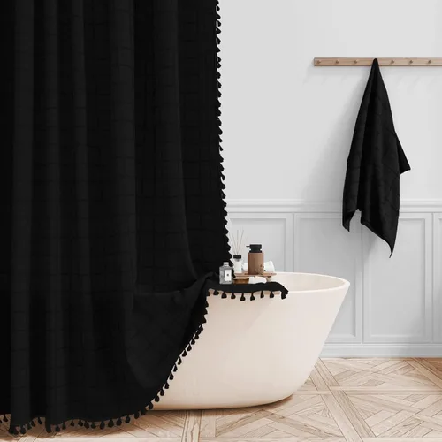 Vista 41 de BTTN - Cortina pequeña de tela para ducha, bohemia y campestre, con borlas, estilo rústico, para baño, de lino, con 6 ganchos de plástico