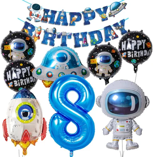 Vista 10 de Globos de planeta astronauta del sistema solar, globos de papel de aluminio, globos grandes de Mylar con helio, guirnalda de feliz cumpleaños