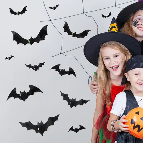 Vista 4 de Decoración de pared de murciélago de Halloween, 12 unidades, calcomanías de murciélago negro 3D, decoraciones de Halloween, reutilizables