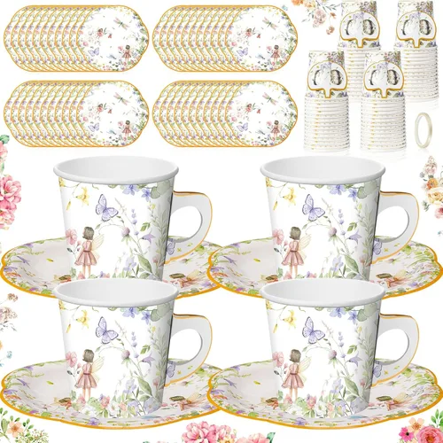 Umigy 60 juegos de decoraciones para fiestas de té, 6.5 onzas, tazas de té de papel floral de hadas con asa y platos, juegos de tazas de té y Azul