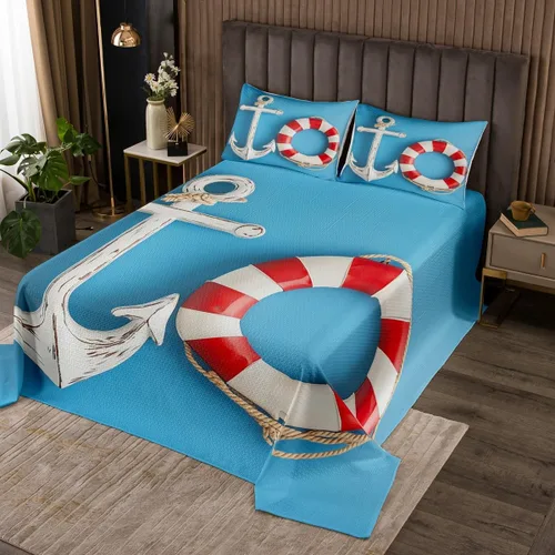 Vista 21 de Erosebridal Juego de colcha náutica costera con anclaje, ropa de cama de playa de verano, tamaño individual, estilo clásico, juego de edredón de 2