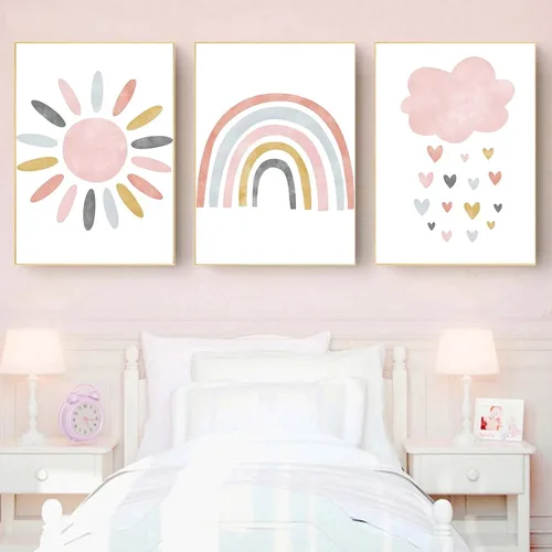 Vista 8 de Impresiones de pared para cuarto de bebé, lienzo de nube de arco iris, arte de pared infantil, póster bohemio nórdico para niños, decoración