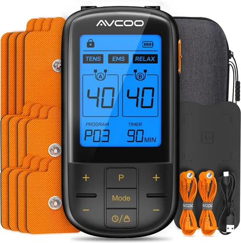 AVCOO Unidad TENS 3 en 1 con 32 modos, estimulador muscular EMS de doble canal con 40 intensidades para terapia gradual de alivio del dolor,
