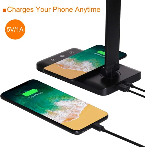 Vista 2 de Lámpara de escritorio LED con cargador inalámbrico, lámparas de mesa para el cuidado de los ojos, lámpara de oficina regulable sin pasos con puerto