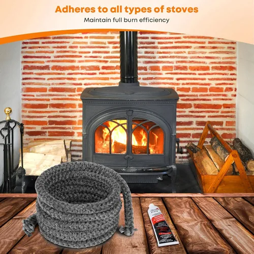 Vista 5 de Stanbroil Junta para estufa de leña, sello de cuerda de fibra de vidrio impregnada de grafito de 1/2" x 84" y kit de junta de cemento de alta