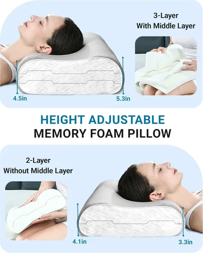 Vista 2 de Elviros Almohadas de espuma viscoelástica para aliviar el dolor de cuello, almohada ortopédica ergonómica de altura ajustable para dormir, almohada