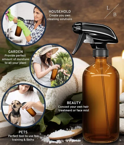 Vista 3 de LiBa Paquete de 2 botellas de vidrio ámbar, botella de spray vacía recargable de 16 onzas para limpieza, aceites esenciales, cabello, plantas