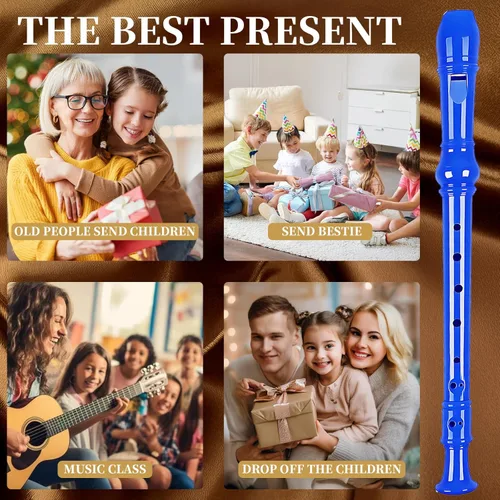Vista 9 de Flauta dulce soprano para niños principiantes, digitación alemana, clave C, 3 piezas con varilla de limpieza, bolsa, tabla de digitación (azul)