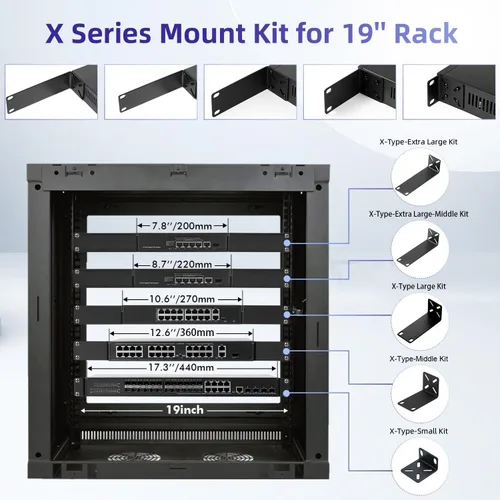 Vista 4 de Kit de montaje en rack para switches de 17.3 pulgadas, orejas de rack ajustables para productos Buffalo Tech, Cisco, NETGEAR, Dell, D-Link, Linksys