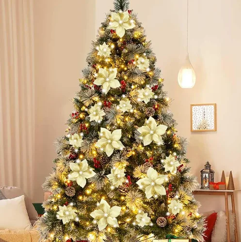 Geefuun 28 decoraciones para árbol de Navidad: flores de Pascua artificiales, adornos de flores de Navidad con purpurina dorada con clips