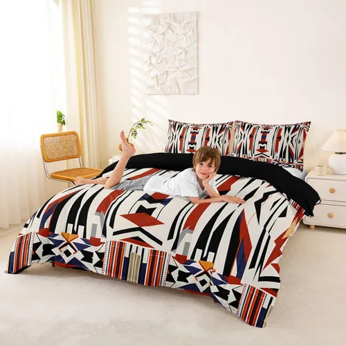 Vista 3 de Juego de ropa de cama bohemio occidental, tamaño Queen, funda de edredón azteca, funda de edredón étnica tribal con flecha, decoración de campo