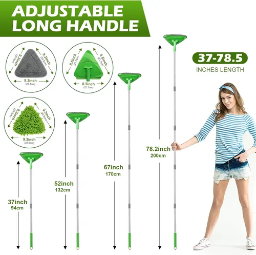 Vista 5 de Trapeador Triangular Limpiador de Paredes con Mango Largo de 82'' - Cepillo Limpiador de Paredes, Herramienta de Limpieza con 4 Almohadillas