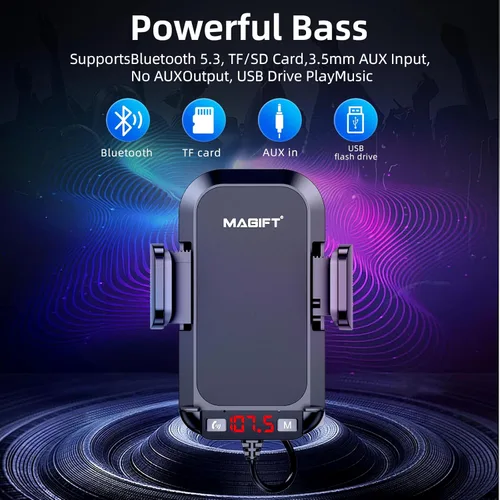 Vista 6 de Adaptador Bluetooth para automóvil 3 en 1, transmisor FM de radio para automóvil, transmisor Bluetooth con soporte para teléfono, carga rápida