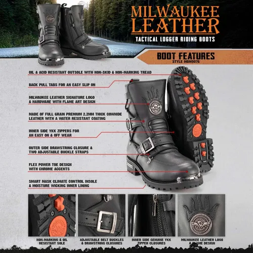 Vista 2 de Milwaukee Leather MBM9076 Botas de cuero tácticas tipo logger negras para hombre con mejora de hebilla - 7