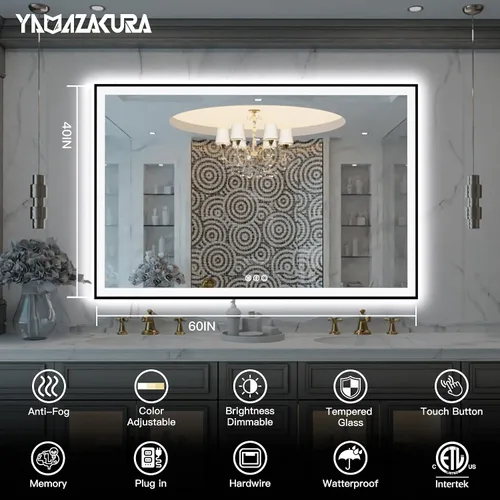Vista 2 de Espejo de baño grande de 60 x 40 pulgadas, retroiluminado y frontal con luz LED, espejo de tocador moderno rectangular negro, regulable, antiniebla