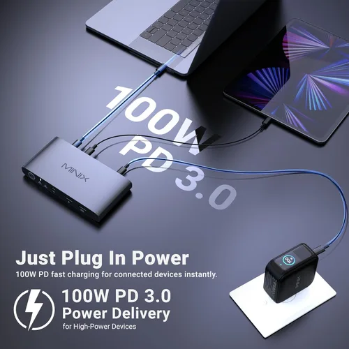 Vista 3 de MINIX KVM KVM USB C K1 1 Monitores 2 Computadoras, 4K @120Hz HDR, 100W PD 3.0, Conmutadores KVM de entrada dual USB-C, teclado y mouse compartidos