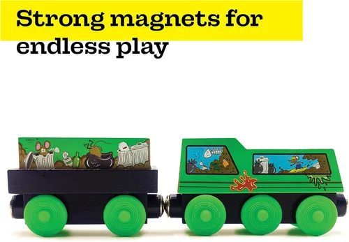 Vista 5 de Zany Trains Serie 1 Juego de tren de madera con carga Compatible con todos los juegos de trenes de madera Autos de tren de madera (Trashy Terry)