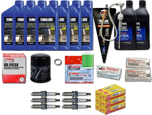 Kit de mantenimiento de cambio de aceite Yamaha OEM F300 CA V6 4.2L 10W30 FC 4M de unidad inferior; lubricante de engranaje, drenaje, juntas, bujías