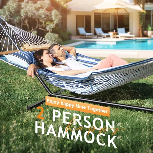 Vista 4 de Everyfun - Hamaca para 2 personas al aire libre con soporte, hamaca de cuerda de algodón con almohadilla de poliéster, estructura de acero