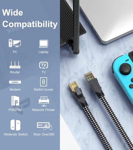 Vista 3 de Cable Ethernet Cat 8 de 10 pies, nailon trenzado de alta velocidad, resistente, 40 Gbps, 2000 Mhz 26 AWG, cable de conexión LAN de red SFTP RJ45