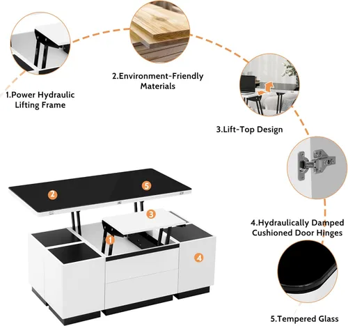 Vista 16 de Mesa auxiliar elevable, mesa auxiliar multifuncional con estantes abiertos, mesa de comedor moderna para sala de estar, oficina en casa (negro #004)