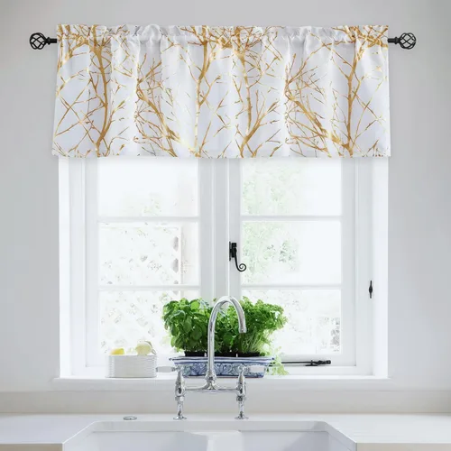 Vista 12 de FMFUNCTEX Cortina de cenefa 100% opaca en blanco y negro para cocina, baño, 18 pulgadas de largo, estampado de ramas de árbol, sala de estar
