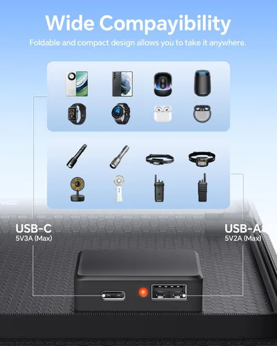 Vista 4 de Cargadores de panel solar portátiles pequeños de 15 W (5 V/3.0 A USB-A/USB-C), panel solar plegable impermeable IP65 con gran almacenamiento