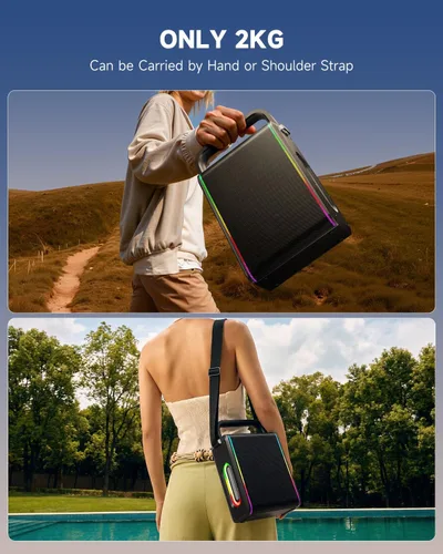 Vista 6 de Moukey MPS5 - Máquina de karaoke portátil, altavoz recargable de 200 W de potencia máxima con 2 micrófonos inalámbricos y correa, compatible con BT