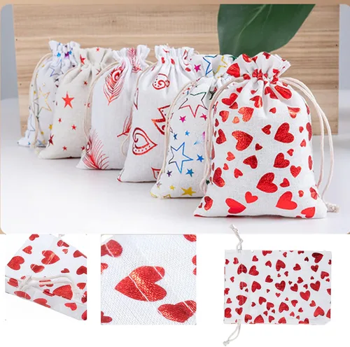 Vista 3 de eyigylyo Bolsa de arpillera de corazón para el día de San Valentín con cordón, 12 bolsas de dulces de San Valentín, bolsas de joyería para el día