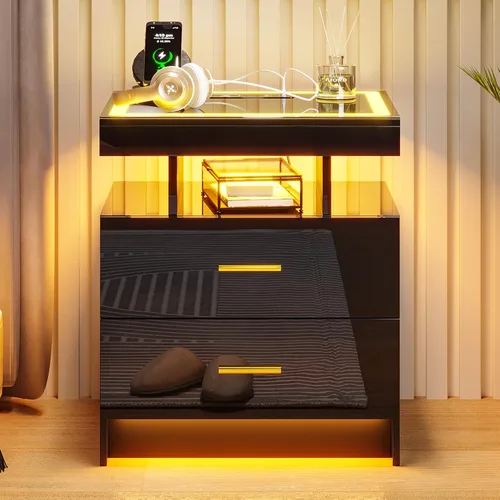 Vista 8 de HNEBC Mesita de noche LED con estación de carga (puertos USB, puertos tipo C), mesa de noche de alto brillo con 2 cajones, mesita de noche