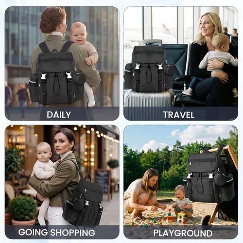Vista 2 de Mochila para pañales con cambiador, funda para chupete y correas para cochecito (negro, 14L)
