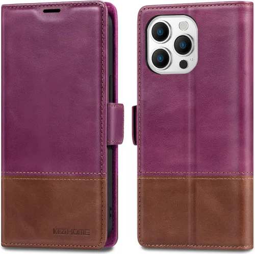 Vista 17 de KEZiHOME Funda tipo cartera compatible con iPhone 15 Pro Max, de piel auténtica [bloqueo RFID], ranura para tarjetas, soporte magnético, funda